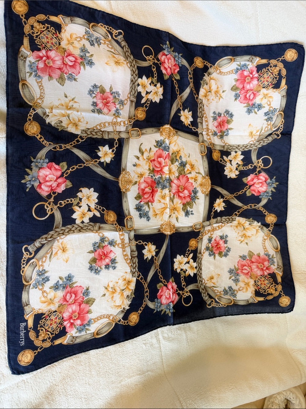Burberrys Navy Silk Scarf with Pink and Cream Floral & Gold Chain Motif
